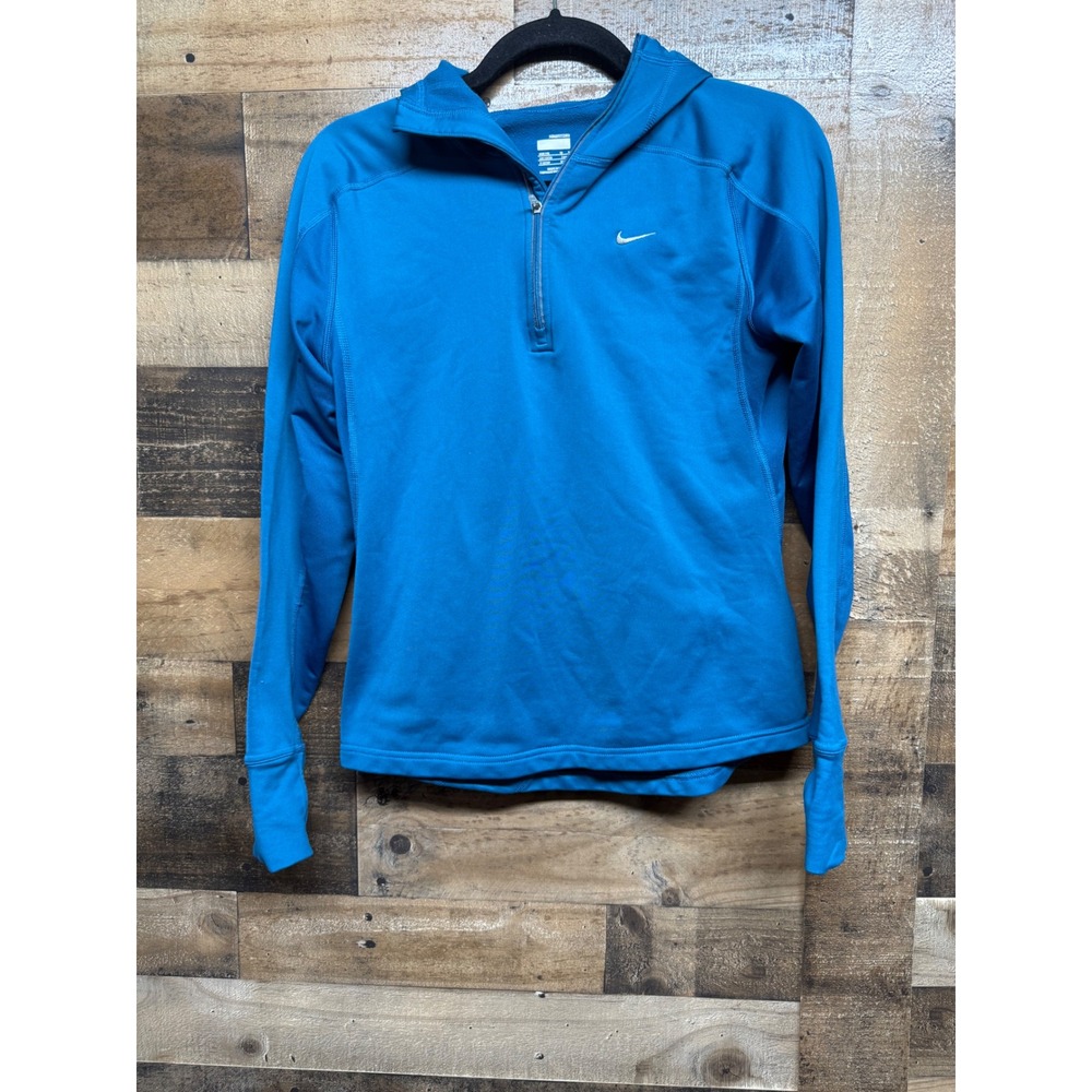 Nike Fit Dry Blue Half Zip Hooded Running Pullover Thumbholes Womens Medium